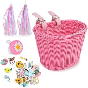 Handgeweven kinderfietsmand voor meisjes en jongens - roze met fietsaccessoires