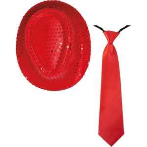 Toppers in concert - Carnaval verkleed set - hoedje en stropdas - rood - dames/heren - glimmende verkleedkleding