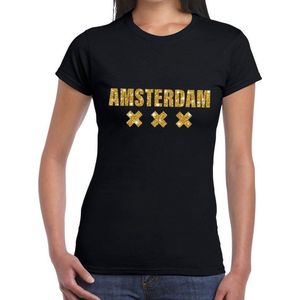 Amsterdam gouden glitter tekst t-shirt zwart dames - dames shirt Amsterdam S