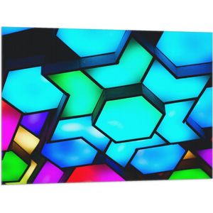 Vlag - Verschillende Neon Kleurige Hexagons tegen Zwarte Achtergrond - 100x75 cm Foto op Polyester Vlag