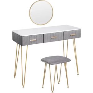 Mrs. Jones Kaptafel met kruk en spiegel - Make-up tafel - Grijs - Fluweel - 3 Lades - Tafel Meubelen - 1 meter