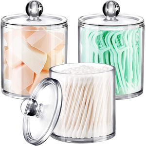 Wattenstaafjeshouder - 3-pack - Plastic - Rond - Wattenstaafjesorganizer - Wattenstaafjesdispenser voor in de badkamer - Voor wattenbollen, wattenstaafjes, wattenschijfjes, flossstokjes, haarspeldjes en haarelastiekjes - Transparant