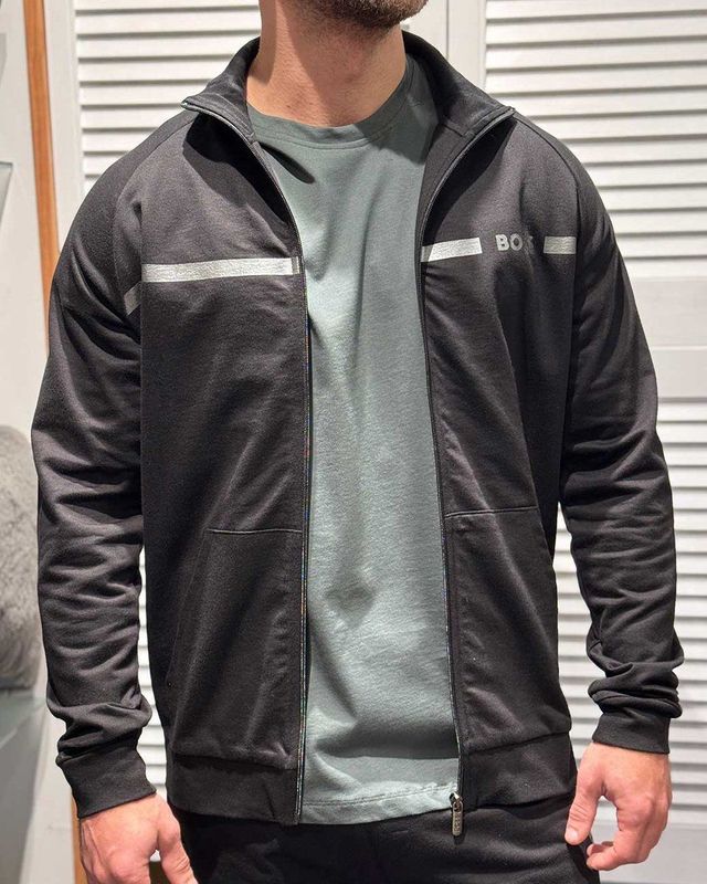 BOSS - Authentic Jacket Z - Sweatvest - Zwart - Van Katoen-Badstof met Strepen en Logo