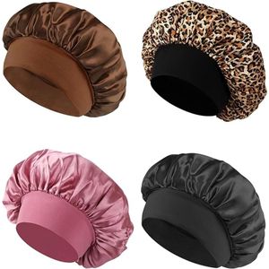 Set van 4 satijnen mutsen, slaapmutsen, zijden mutsen, satijnen slaapmutsen, douchemutsen, haarverzorgingsmutsen voor dames en meisjes, zwart en bruin en roze en luipaardprint