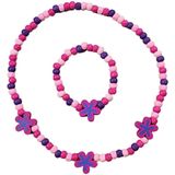 Fako Bijoux® - Kinderketting en Armband - Hout - Bloemetjes Roze