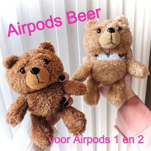 Airpods Case 1 en 2 Beer - Beschermhoes Air Pods - Draadloze Oordopjes Hoesje - Earphone Accessoire - Mode Pluche - Donkerbruin