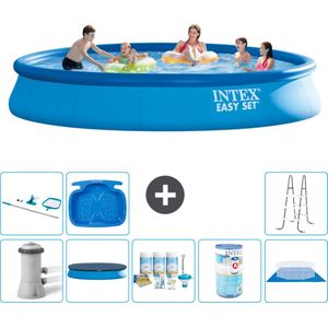 Intex Rond Opblaasbaar Easy Set Zwembad - 457 x 84 cm - Blauw - Inclusief Pomp Afdekzeil - Onderhoudspakket - Filter - Grondzeil - Schoonmaakset - Ladder - Voetenbad