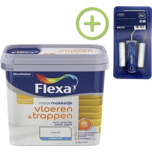 Flexa Mooi Makkelijk - Lak Vloeren en Trappen - Mooi Wit - 750 ml + Flexa Lakroller - 4 delig