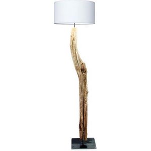 Houten boomstronk vloerlamp (kap wit)