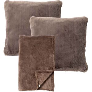 Dutch Decor - VOORDEELSET - 3-delig - Zaya & Harvey - 2 sierkussens 45x45 cm - 1 plaid 150x200 cm - taupe - Met Ritssluiting – Decoratie Kussens - Comfortabele kussentjes voor op de Bank