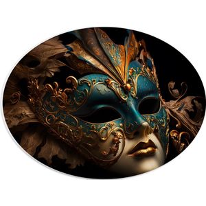 PVC Schuimplaat Ovaal - Venetiaanse carnavals Masker met Blauwe en Gouden Details tegen Zwarte Achtergrond - 40x30 cm Foto op Ovaal (Met Ophangsysteem)