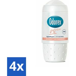 4 x Odorex Deodorant Roller 0% 50 ml - Deodorant - Antitranspirant - Gevoelige Huid - Hypoallergeen - Parfumvrij