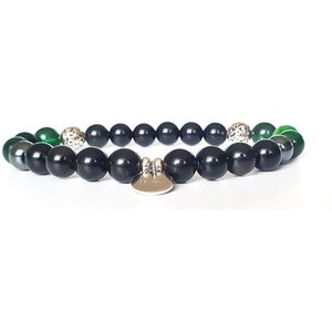 La Savri - Armband/Bracelet - 925 Sterling Silver - Green Tiger Eye Gemstones - Black Gemstones - 18CM