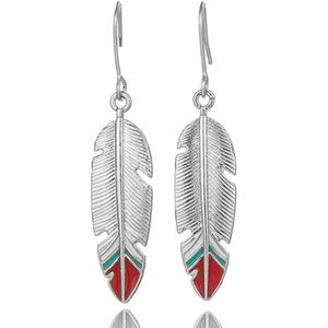 Lange zilverkleurige oorbellen veer met rode en turquoise details