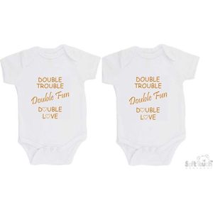 100% katoenen Rompers 2-pack ""Double Trouble Double Fun Double Love"" Tweeling Unisex Katoen Wit/tan Maat 56/62