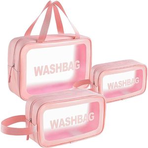 Make-uptas transparant 3 stuks make-up tas waterdicht transparant toilettas reisset, roze