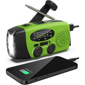 Noodradio - Noodradio Opwindbaar - 2000 mAh - Noodpakket - Opwindbaar - Solar - radio met zaklamp Zaklamp - Powerbank Noodradio - Noodradio Op Batterijen - groen - Voor Noodsituaties/Rampen/Camping - Draagbare