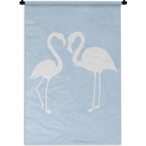 Wandkleed FlamingoKerst illustraties - Witte silhouetten van flamingo's op een lichtblauwe achtergrond Wandkleed katoen 60x90 cm - Wandtapijt met foto