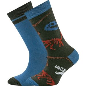 Ewers Kindersokken Ewers - Set / 2-Pack - Dino Skeletten & Effen met Rand - Groen & Staalblauw & Oranje-27/30