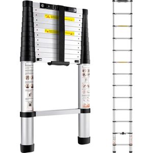 Telescopische ladder, uitschuifbaar, 380 cm hoog, vouwladder, draagvermogen 170 kg