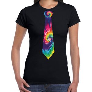 Bellatio Decorations Hippie thema verkleed feest stropdas t-shirt tie dye - dames - zwart XXL