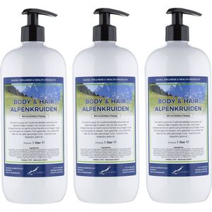 Body & Hair Alpenkruiden 1 liter - set van 3 stuks - met gratis pomp - 2 in 1 voor lichaam en haar.