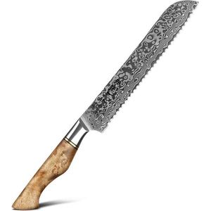 HEZHEN B30 Series - Broodmes - Gekarteld - 8 inch - VG10 Damascus Staal - Handvat van Plataanhout met Klinknagel Mozaïek