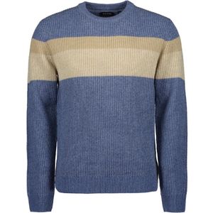 Blue Seven - Trui 376496 blauw/camel streep ronde hals - maat M