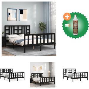 vidaXL Bedframe met hoofdbord massief hout zwart 140x190 cm - Bed - Inclusief Houtreiniger en verfrisser