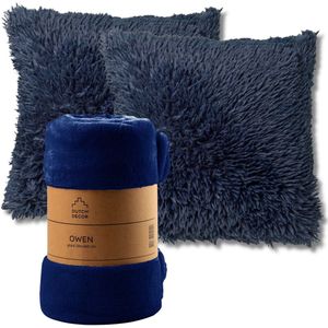 Dutch Decor - VOORDEELSET - 3-delig - Fluffy & Owen - 2 sierkussens 45x45 cm - 1 plaid 130x160 cm - blauw - Met Ritssluiting – Decoratie Kussens - Comfortabele kussentjes voor op de Bank