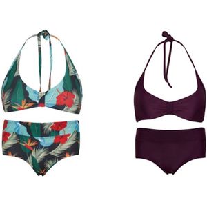 Set van 2 bikini hipster broekje en haltertopje ibiza bloemen/ Aubergine 140-146
