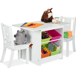 Relaxdays kindertafel en stoeltjes - speeltafel met opbergbakken - witte kindermeubelset