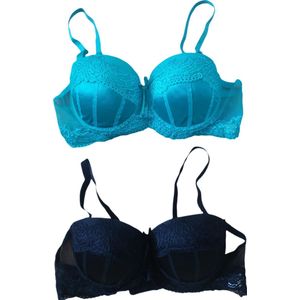 Dames - BH - Set van 2 - Strapless - Voorgevormd - Merk Caralino - Kleur Zwart/Turquoise - Halter BH - Kruislings - Met bandjes - Maat 55A