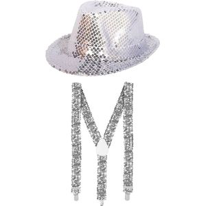 Toppers - Faram Verkleedkleding set zilveren hoed en bretels glitter volwassenen