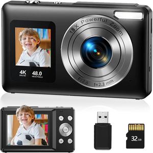 Gloovon® - Digitale Camera 4K - 48MP - Fotocamera - 18 × Zoom - Fototoestel - Compact Camera - Vlog Camera - Voor Kinderen - Inclusief 32GB Micro-SD-kaar - Zwart