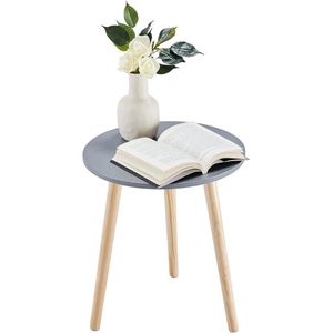 Bijzettafel, salontafel rond Ø 42 cm, hoogte 51 cm, salontafel met poten van massief hout, Scandinavische stijl, dessert bijzettafel hout voor woonkamer, slaapkamer, natuur/grijs