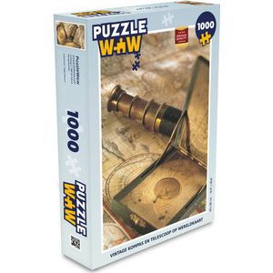 Puzzel Vintage kompas en telescoop op wereldkaart - Legpuzzel - Puzzel 1000 stukjes volwassenen