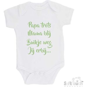 100% katoenen Romper ""Papa trots Mama blij Buikje weg Jij erbij..."""" Unisex Katoen Wit/sage green (saliegroen) 62/68
