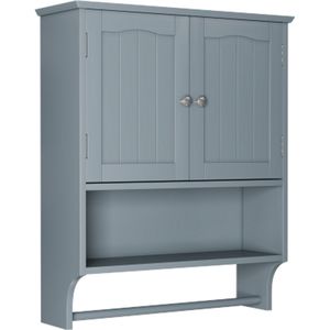 Badkamerwandkast met handdoekhouder, badkamerwandplank met 2 deuren en open planken, toiletwandplank
