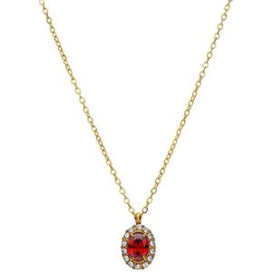 Lucardi - Stalen Goldplated Vintage Ketting - Rood Zirkonia - Goudkleurig - Staal