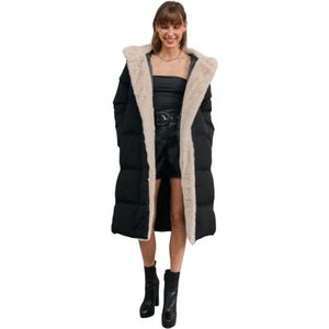 Zwarte Winterjas Wol Voering Beige - Warme Dikke Winter Jassen - Ceintuur & Rits - Maat S - Beige & Zwart