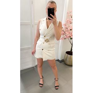 Playsuit met gouden riem - Beige/creme - Blazer playsuit voor dames - Veel stretch - Zomerjurkje voor vrouwen - Korte jumpsuit - Blazer dress met gouden buttons - One-size - Een maat