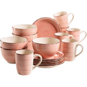 Bel Tempo II ontbijtservies voor 6 personen in vintage look handbeschilderd keramiek 18-delige serviesset roze aardewerk