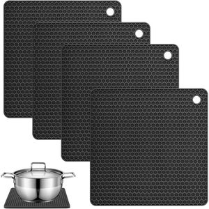 Silicone Pan Coasters - Set of 4, 18 x 18 cm, Non-Slip, Heat-Resistant, Dishwasher Safe, Hot Pot and Pan Coasters (Black)