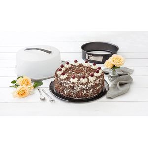 springvorm met transportkap Ø 28 cm DELUXE, bakvorm met geëmailleerde vlakke bodem en draagkap, ronde taartvorm voor sappige taarten to go (kleur: zwart metallic), hoeveelheid: 1 stuk