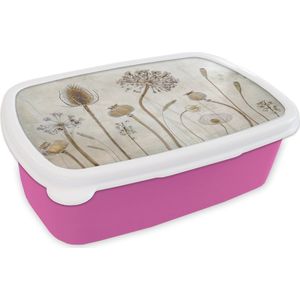 Broodtrommel Roze - Lunchbox - Brooddoos - Bloemen - Waterverf - Stilleven - Bruin - Vintage - 18x12x6 cm - Kinderen - Meisje