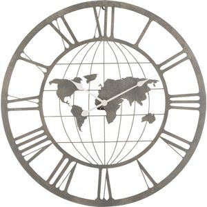 J-Line klok Romeinse Cijfers Wereldkaart - metaal - zwart - Ø 80 cm