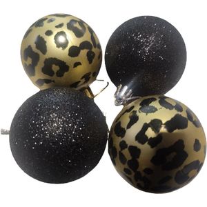 Luxe kerstballen BLITZ - Zwart / Goud - Luipaard / Panter print - Glitter - Set van 8 - Kerst