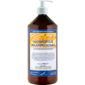 Massageolie Relaxing Honey 1 liter met witte pomp - amber fles - 100% natuurlijk - biologisch en koud geperst