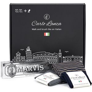 Carlo Lanza - Geschenkdoos - Grijs en Donkerblauw Gestreept - Sokken en Tandpasta